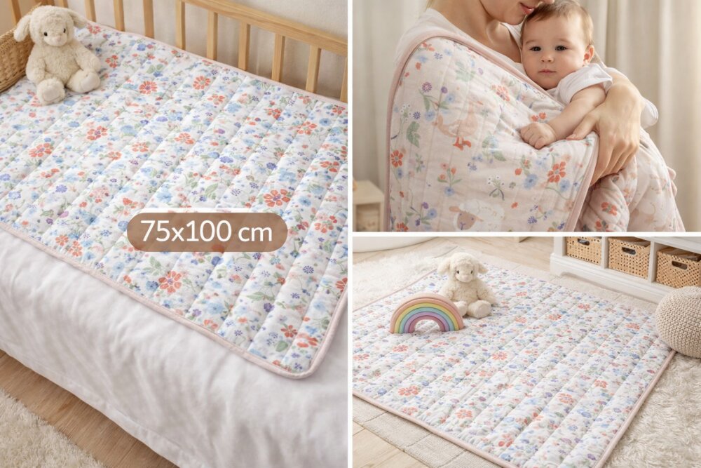 Magic kids Paturica pentru bebelusi Premium matlasata din bumbac Cute Farm cu fata dubla 75x100 cm