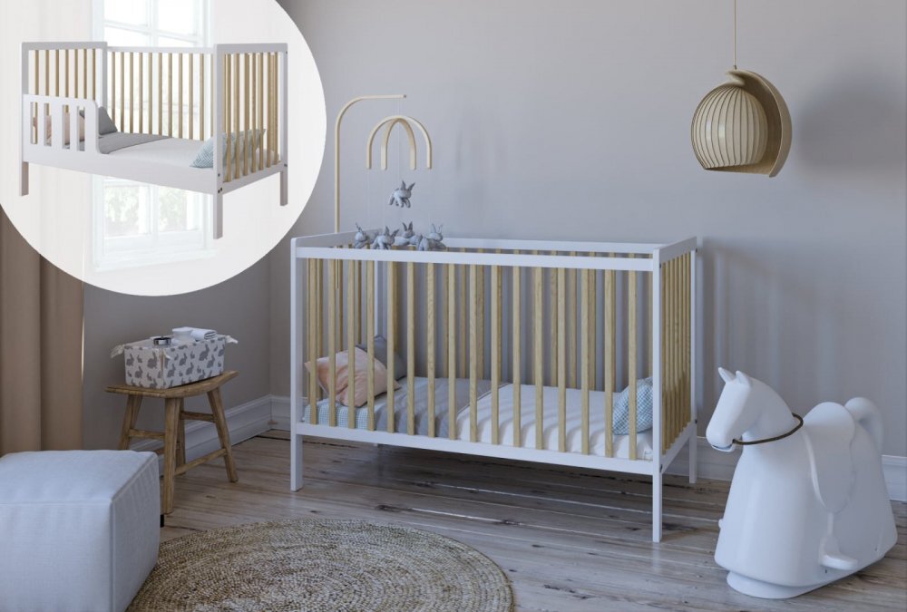 Magic kids Patut 2 in 1 Lumi alb-natur din Lemn cu somiera reglabila trepte detasabile si bariera transformare 120 x 60 cm