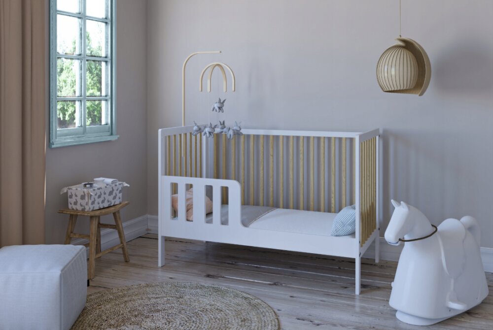 Magic kids Patut 2 in 1 Lumi alb-natur din Lemn cu somiera reglabila trepte detasabile si bariera transformare 120 x 60 cm