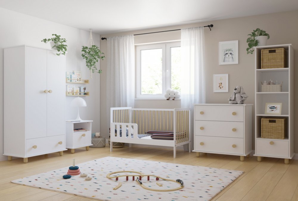 Magic kids Patut 2 in 1 Lumi alb-natur din Lemn cu somiera reglabila trepte detasabile si bariera transformare 120 x 60 cm