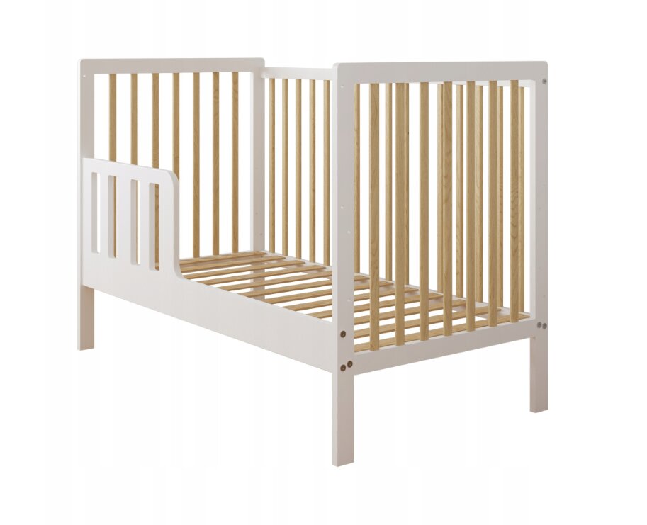 Magic kids Patut 2 in 1 Lumi alb-natur din Lemn cu somiera reglabila trepte detasabile si bariera transformare 120 x 60 cm