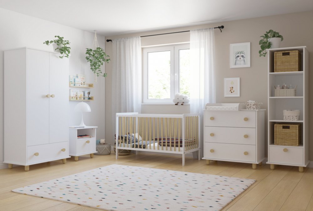 Magic kids Patut 2 in 1 Lumi alb-natur din Lemn cu somiera reglabila trepte detasabile si bariera transformare 120 x 60 cm