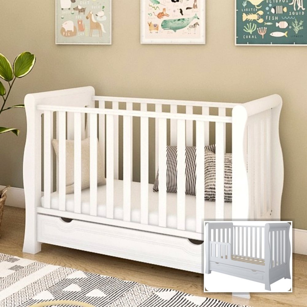 Magic kids Patut 2 in 1 Megan alb din lemn cu somiera reglabila trepte detasabile bariera transformare si sertar integrat 120 x 60 cm