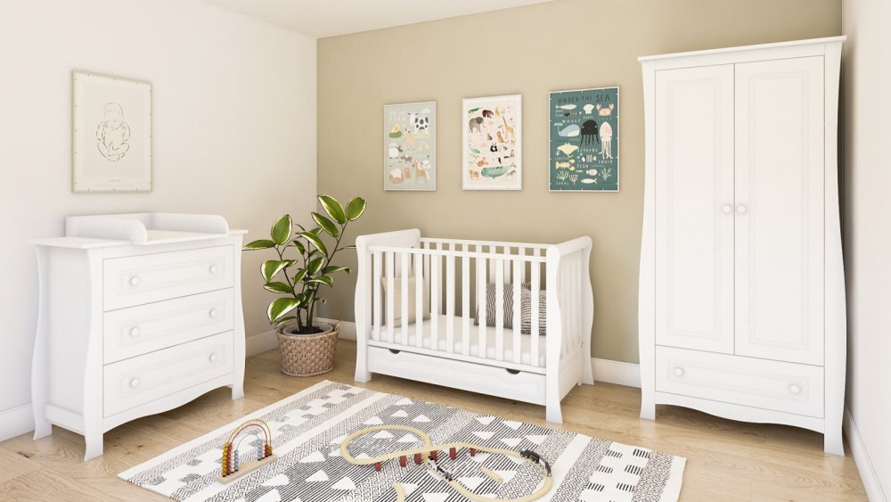 Magic kids Patut 2 in 1 Megan alb din lemn cu somiera reglabila trepte detasabile bariera transformare si sertar integrat 120 x 60 cm