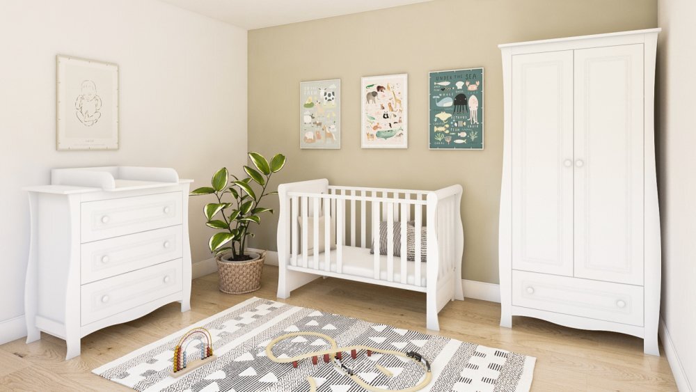 Magic kids Patut 2 in 1 Megan alb din lemn cu somiera reglabila trepte detasabile bariera transformare si sertar integrat 120 x 60 cm
