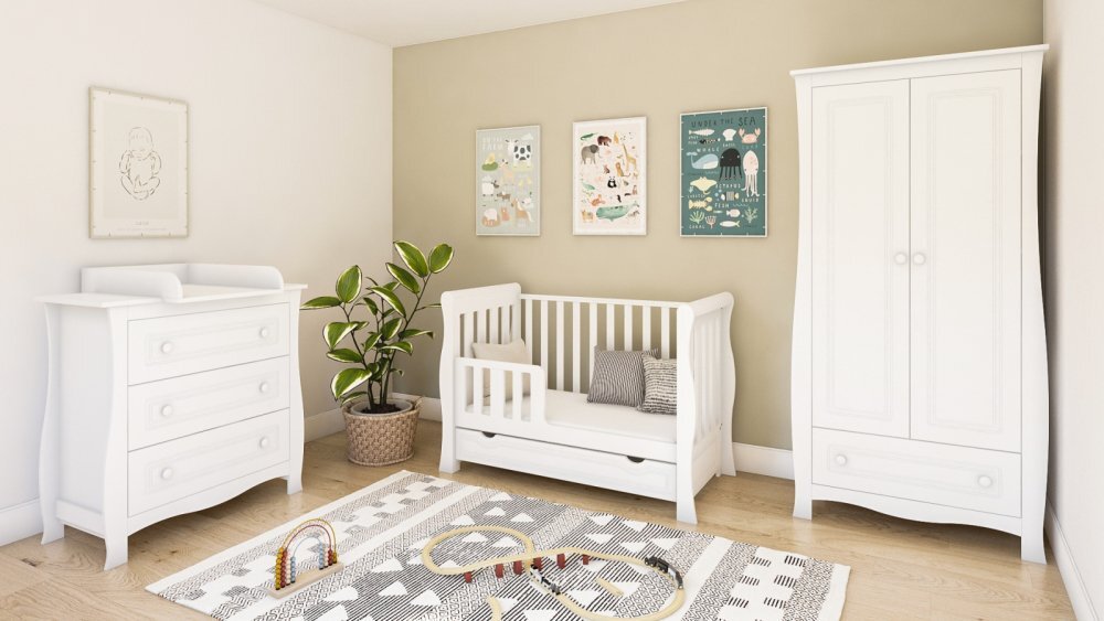 Magic kids Patut 2 in 1 Megan alb din lemn cu somiera reglabila trepte detasabile bariera transformare si sertar integrat 120 x 60 cm