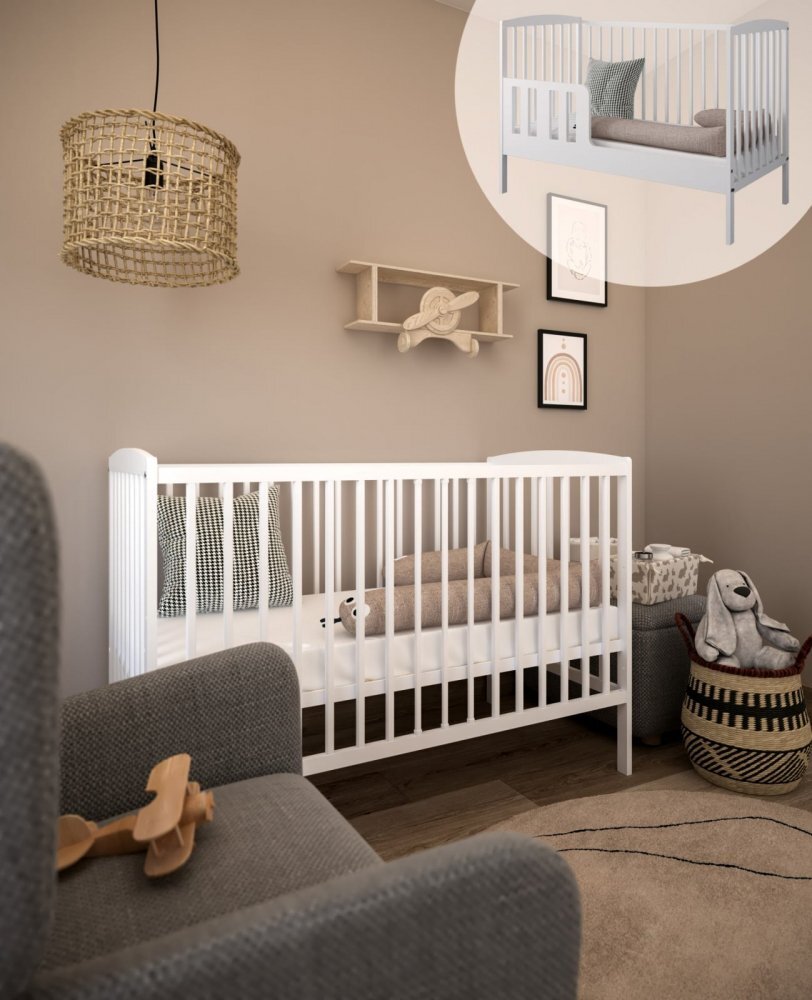 Magic kids Patut 2 in 1 Pure alb din lemn cu somiera reglabila trepte detasabile si bariera transformare 120 x 60 cm
