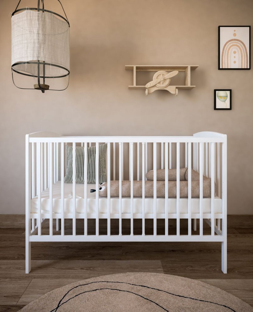 Magic kids Patut 2 in 1 Pure alb din lemn cu somiera reglabila trepte detasabile si bariera transformare 120 x 60 cm