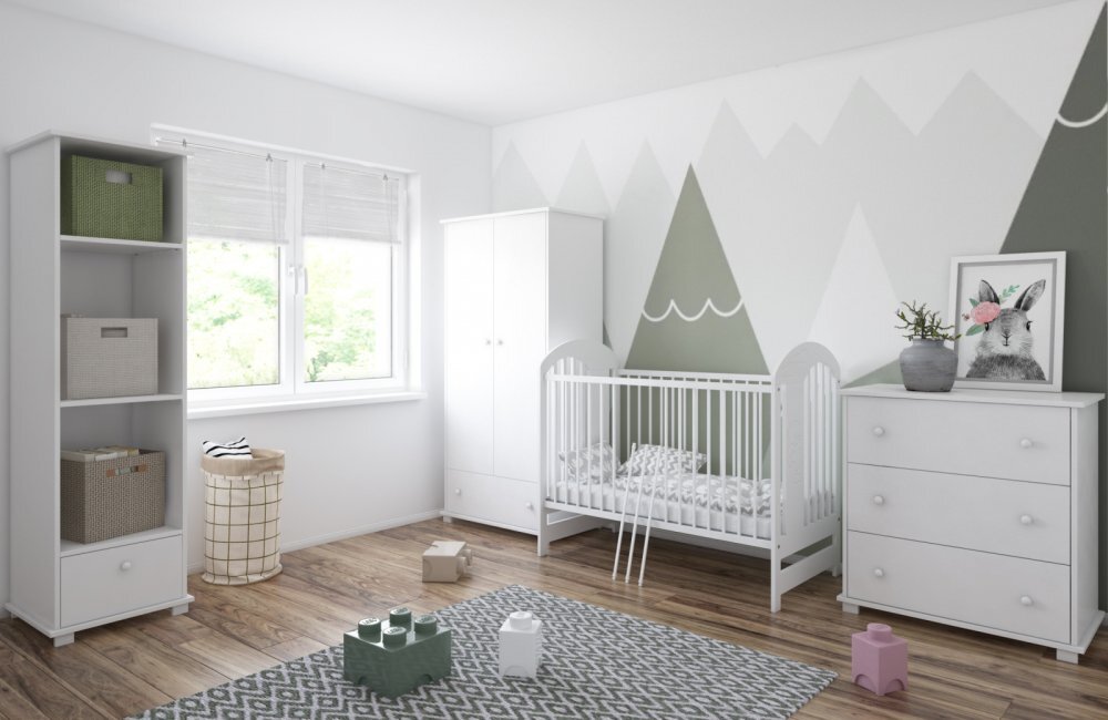 Magic kids Patut din lemn pentru copii Tymon alb 120 x 60 cm design modern cu somiera reglabila si 3 bare laterale detasabile 0-4 ani
