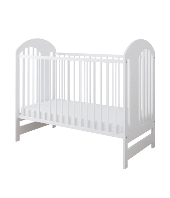 Magic kids Patut din lemn pentru copii Tymon alb 120 x 60 cm design modern cu somiera reglabila si 3 bare laterale detasabile 0-4 ani