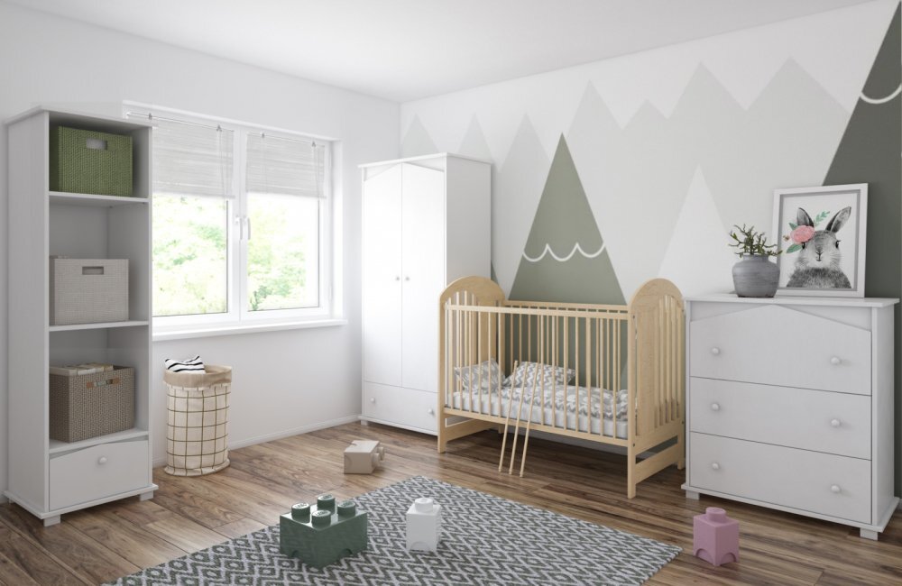 Magic kids Patut din lemn pentru copii Tymon natur 120 x 60 cm design modern cu somiera reglabila si 3 bare laterale detasabile 0-4 ani
