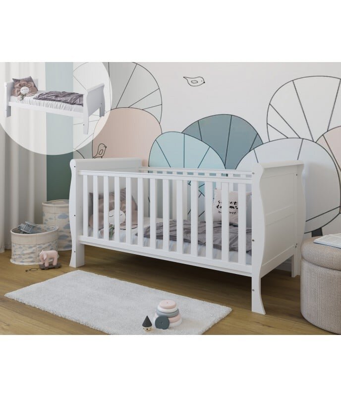 Magic kids Patut evolutiv Scarlet 2 in 1 pat bebe si pat prescolar cu somiera reglabila si protectii pentru dentitie 140 x 70 cm