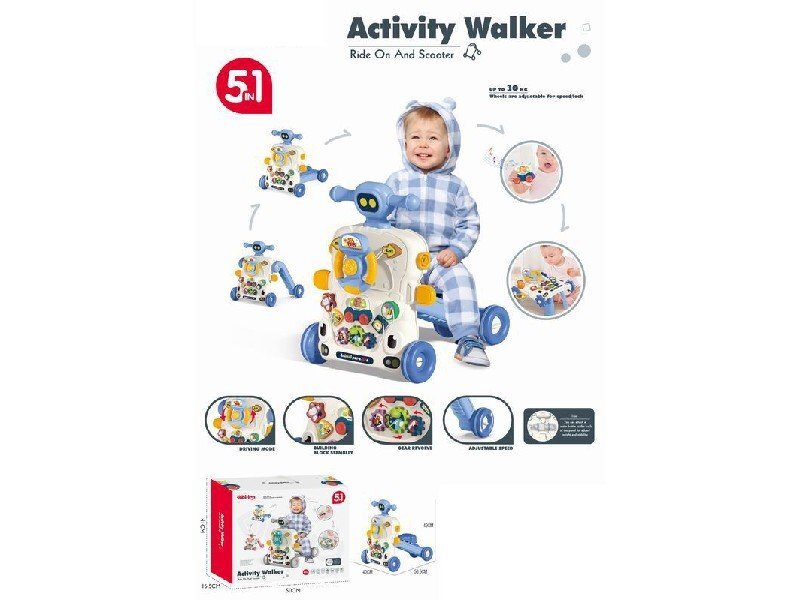 MalPlay Antemergator multifunctional 5 in 1 cu Volan ghidon reglabil Roti antiderapante angrenaje rotative dimensiune 40.5 x 43.5cm Blue Car