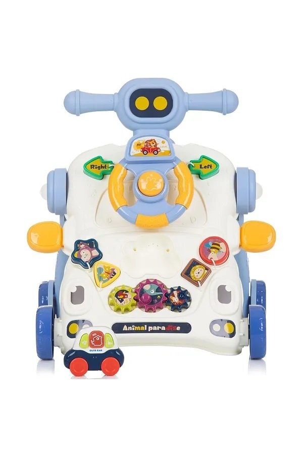 MalPlay Antemergator multifunctional 5 in 1 cu Volan ghidon reglabil Roti antiderapante angrenaje rotative dimensiune 40.5 x 43.5cm Blue Car
