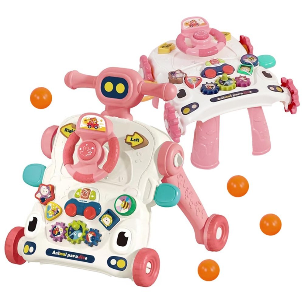 MalPlay Antemergator multifunctional 5 in 1 cu Volan ghidon reglabil Roti antiderapante angrenaje rotative dimensiune 40.5 x 43.5cm Pink Car
