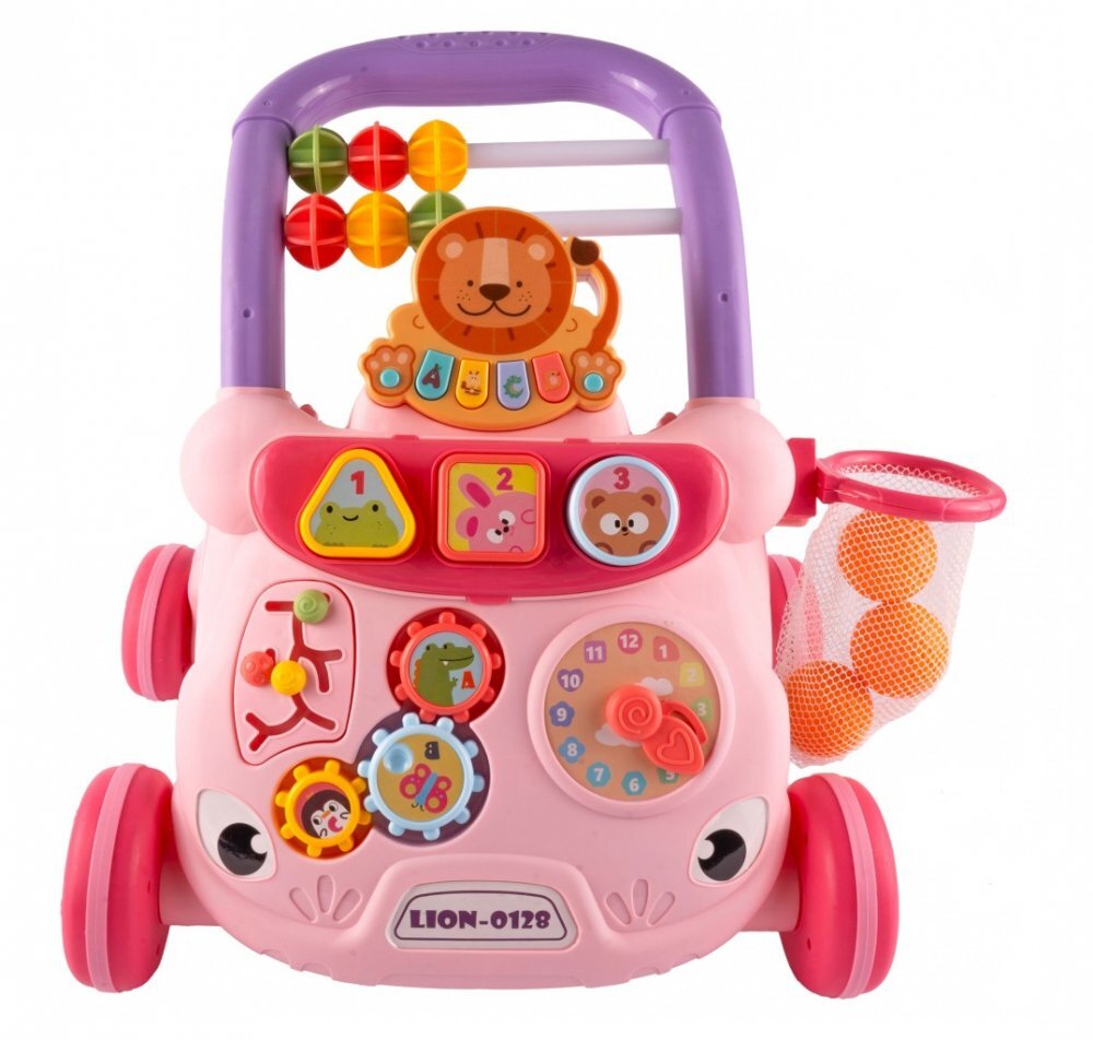 MalPlay Antepremergator cu Pian detasabil Cos de baschet cu 3 bile Ceas angrenaje rotative cu Muzica si sunete vesele 40 x 39 x 35 cm Lion Pink