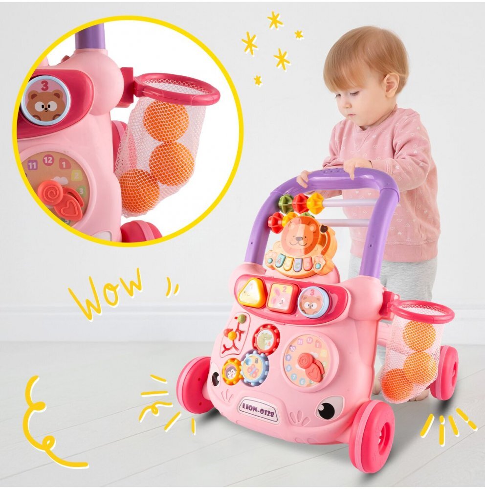 MalPlay Antepremergator cu Pian detasabil Cos de baschet cu 3 bile Ceas angrenaje rotative cu Muzica si sunete vesele 40 x 39 x 35 cm Lion Pink