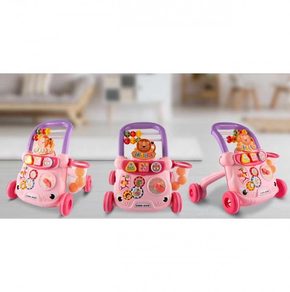 MalPlay Antepremergator cu Pian detasabil Cos de baschet cu 3 bile Ceas angrenaje rotative cu Muzica si sunete vesele 40 x 39 x 35 cm Lion Pink