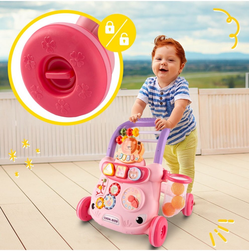 MalPlay Antepremergator cu Pian detasabil Cos de baschet cu 3 bile Ceas angrenaje rotative cu Muzica si sunete vesele 40 x 39 x 35 cm Lion Pink