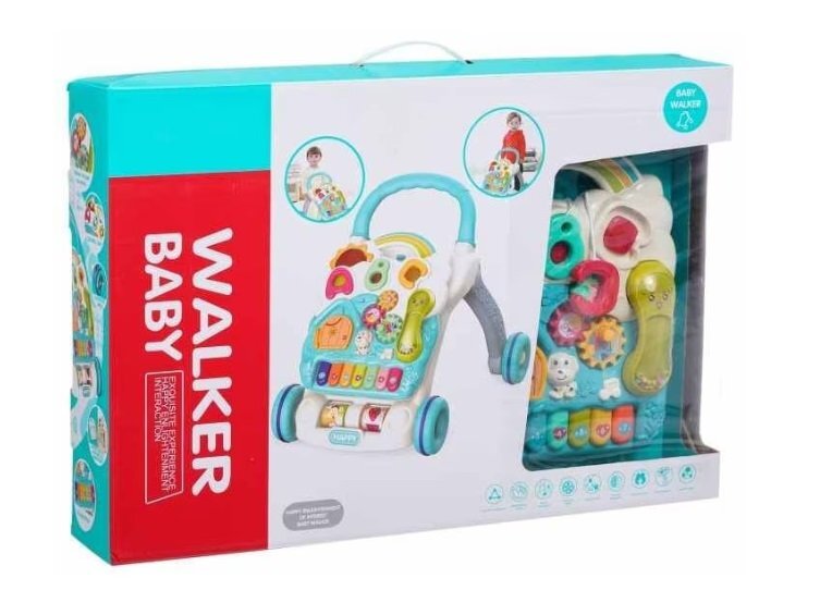 MalPlay Antepremergator interactiv cu Pian muzical si Panou Interactiv Detasabil Telefon litere angrenaje rotative si roti antiderapante dimensiune 43 x 46.5 x 42.5 cm Happy Blue