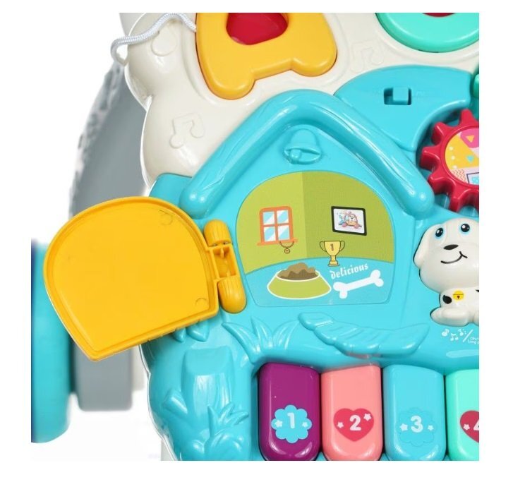 MalPlay Antepremergator interactiv cu Pian muzical si Panou Interactiv Detasabil Telefon litere angrenaje rotative si roti antiderapante dimensiune 43 x 46.5 x 42.5 cm Happy Blue