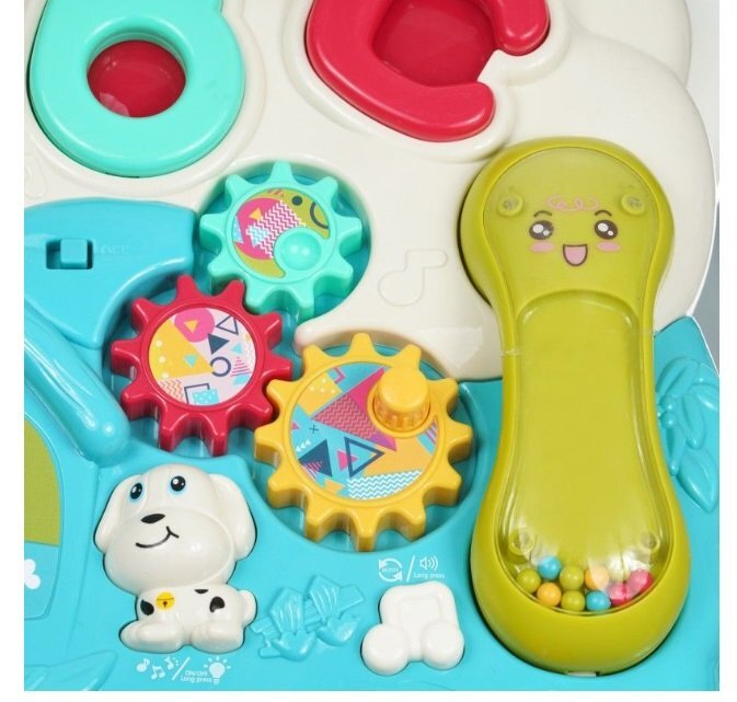 MalPlay Antepremergator interactiv cu Pian muzical si Panou Interactiv Detasabil Telefon litere angrenaje rotative si roti antiderapante dimensiune 43 x 46.5 x 42.5 cm Happy Blue