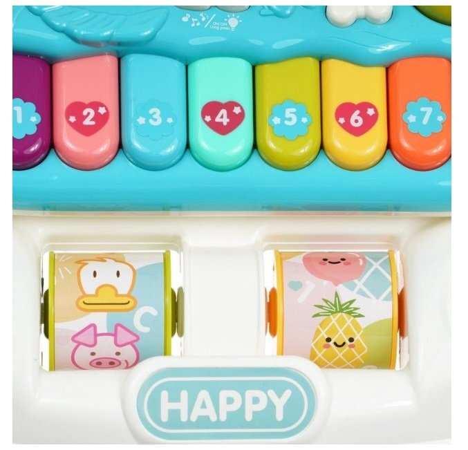MalPlay Antepremergator interactiv cu Pian muzical si Panou Interactiv Detasabil Telefon litere angrenaje rotative si roti antiderapante dimensiune 43 x 46.5 x 42.5 cm Happy Blue
