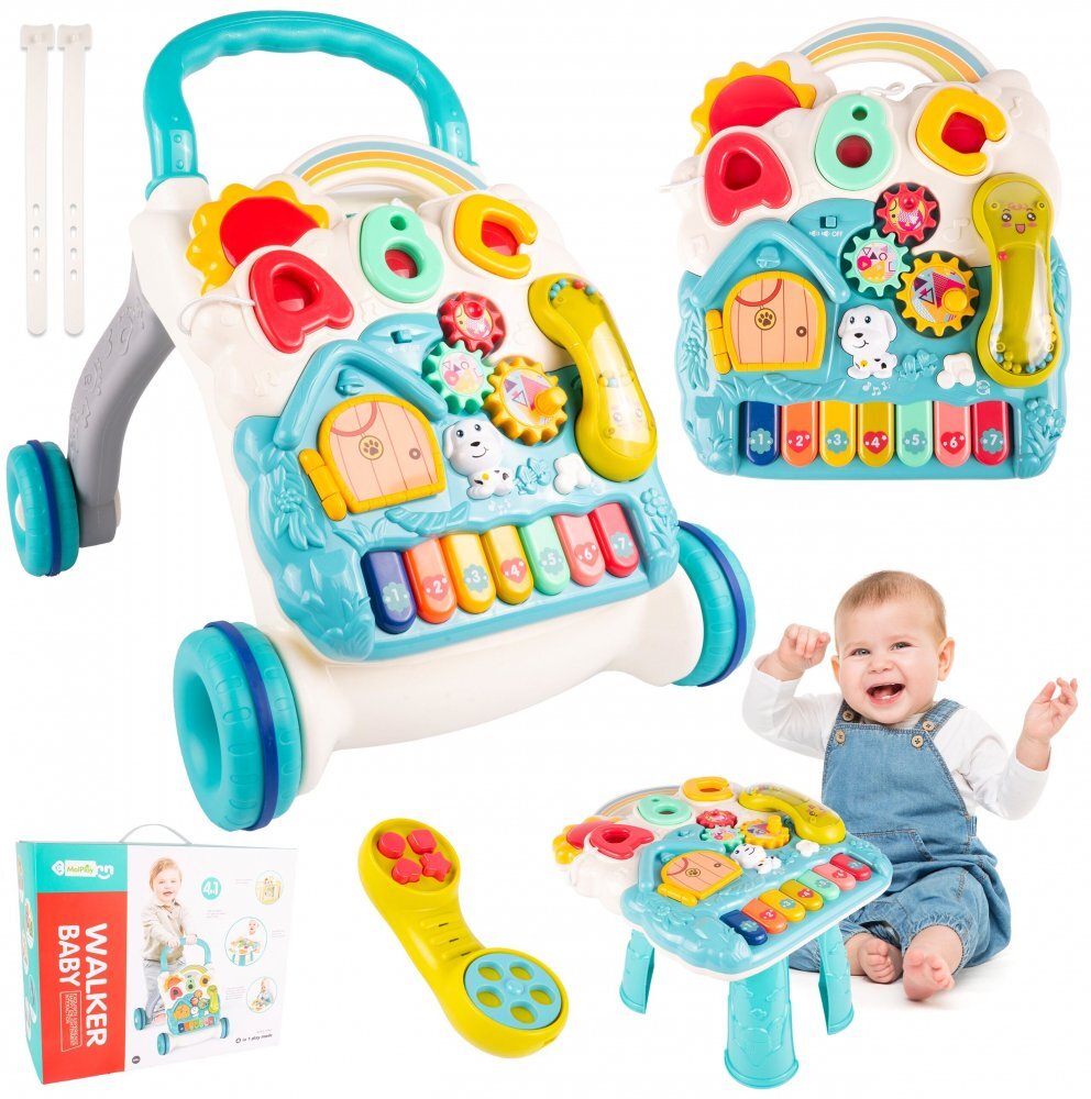 MalPlay Antepremergator interactiv multifunctional 4 in 1 cu Lumini Sunete Pian Telefon detasabil tip zornaitoare angrenaje rotative Sortator de forme dimensiune 46 x 40 x 43.5 cm Blue