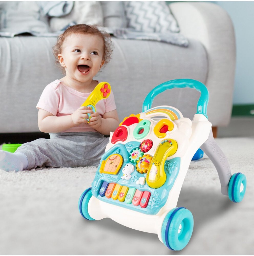 MalPlay Antepremergator interactiv multifunctional 4 in 1 cu Lumini Sunete Pian Telefon detasabil tip zornaitoare angrenaje rotative Sortator de forme dimensiune 46 x 40 x 43.5 cm Blue