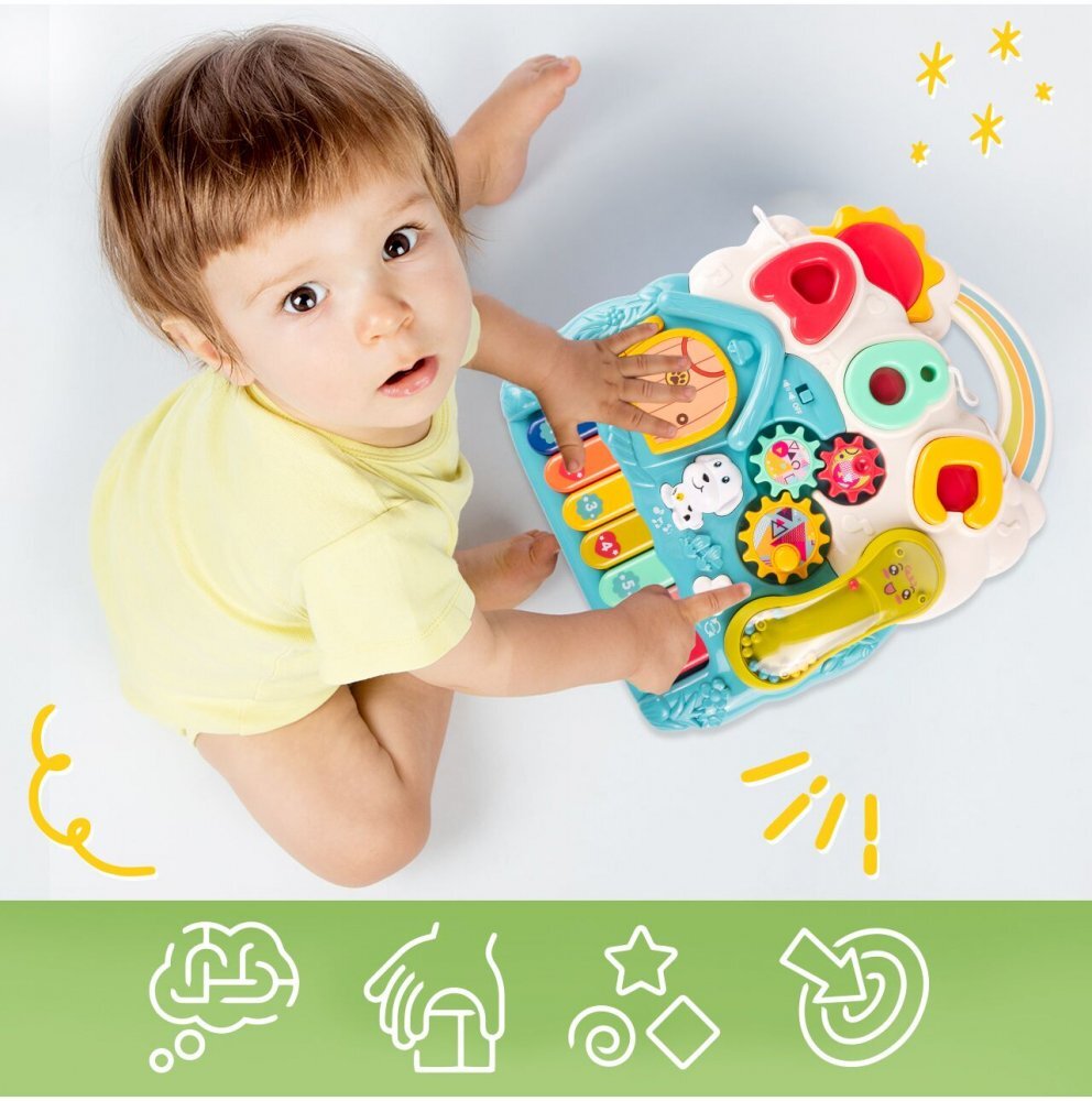 MalPlay Antepremergator interactiv multifunctional 4 in 1 cu Lumini Sunete Pian Telefon detasabil tip zornaitoare angrenaje rotative Sortator de forme dimensiune 46 x 40 x 43.5 cm Blue