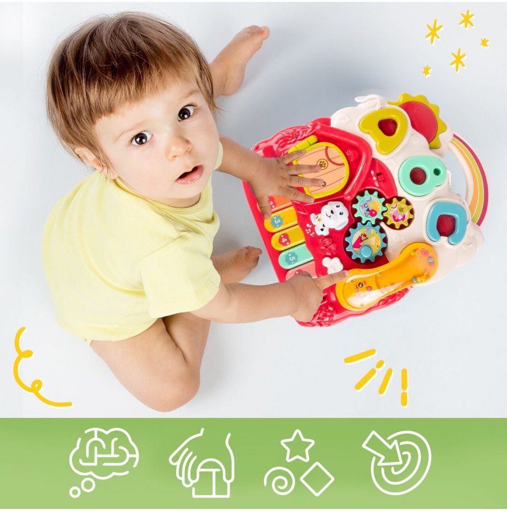 MalPlay Antepremergator interactiv multifunctional 4 in 1 cu Lumini Sunete Pian Telefon detasabil tip zornaitoare angrenaje rotative Sortator de forme dimensiune 46 x 40 x 43.5 cm Pink