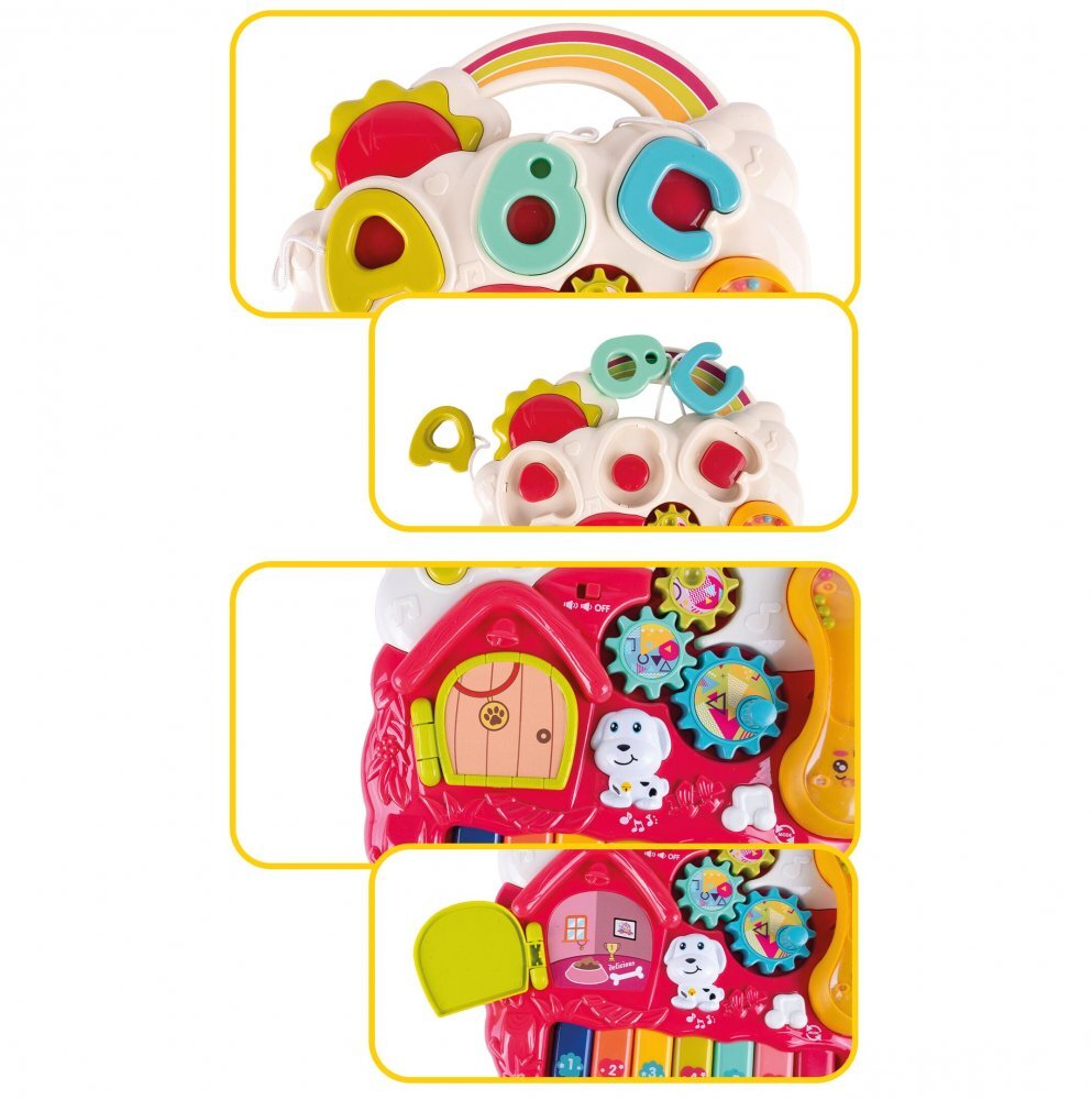 MalPlay Antepremergator interactiv multifunctional 4 in 1 cu Lumini Sunete Pian Telefon detasabil tip zornaitoare angrenaje rotative Sortator de forme dimensiune 46 x 40 x 43.5 cm Pink
