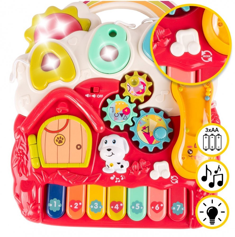 MalPlay Antepremergator interactiv multifunctional 4 in 1 cu Lumini Sunete Pian Telefon detasabil tip zornaitoare angrenaje rotative Sortator de forme dimensiune 46 x 40 x 43.5 cm Pink