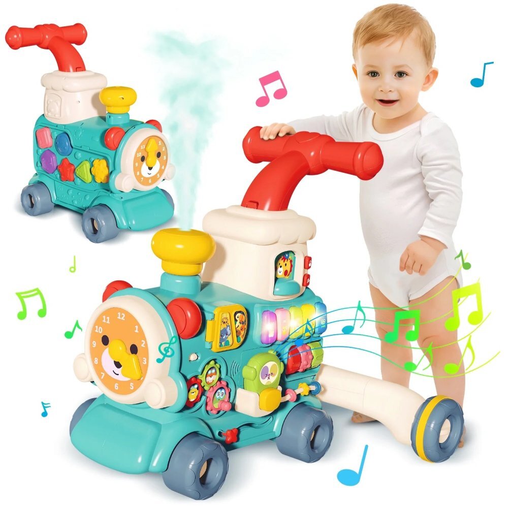 MalPlay Antepremergator multifunctional 3 in 1 cu emisie de aburi cu centru de activitati Pian angrenaje rotative 42 x 41 x 45 cm Locomotiva Choo-Choo Green
