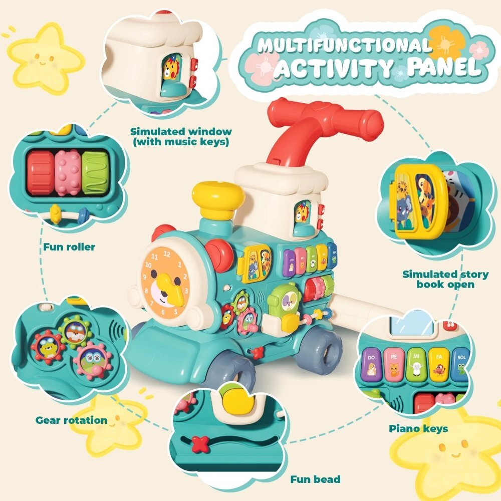 MalPlay Antepremergator multifunctional 3 in 1 cu emisie de aburi cu centru de activitati Pian angrenaje rotative 42 x 41 x 45 cm Locomotiva Choo-Choo Green