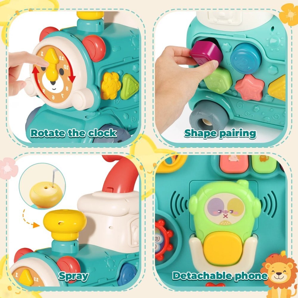 MalPlay Antepremergator multifunctional 3 in 1 cu emisie de aburi cu centru de activitati Pian angrenaje rotative 42 x 41 x 45 cm Locomotiva Choo-Choo Green