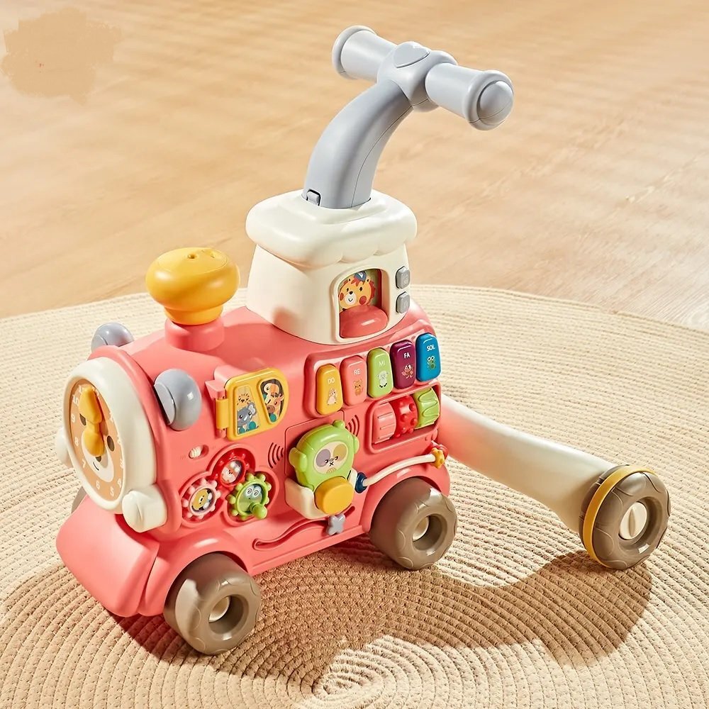 MalPlay Antepremergator multifunctional 3 in 1 cu emisie de aburi cu centru de activitati Pian angrenaje rotative 42 x 41 x 45 cm Locomotiva Choo-Choo Pink
