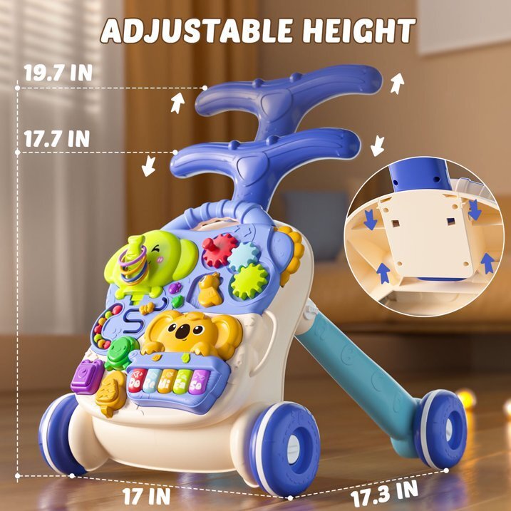 MalPlay Antepremergator multifunctional 3 in 1 pentru copii Blue cu pian muzical angrenaje rotative sortator de forme