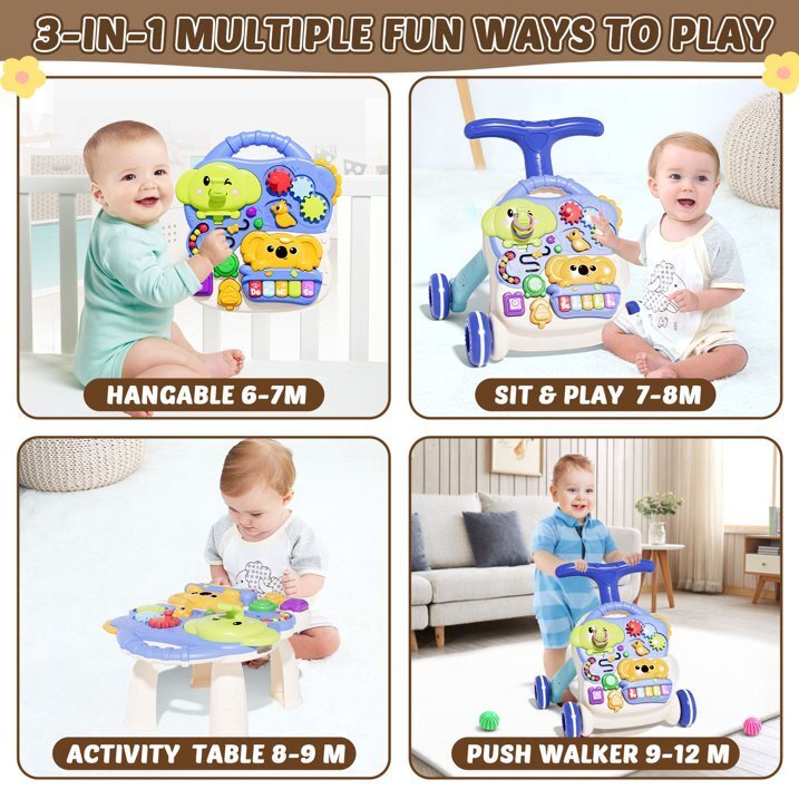 MalPlay Antepremergator multifunctional 3 in 1 pentru copii Blue cu pian muzical angrenaje rotative sortator de forme