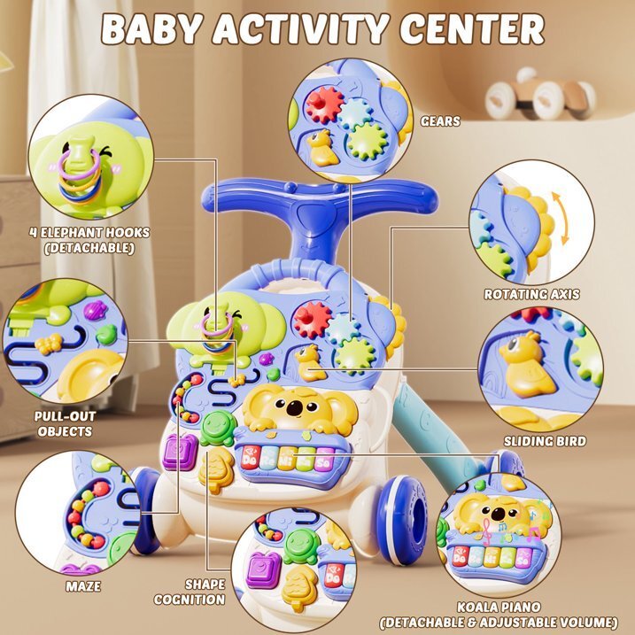 MalPlay Antepremergator multifunctional 3 in 1 pentru copii Blue cu pian muzical angrenaje rotative sortator de forme