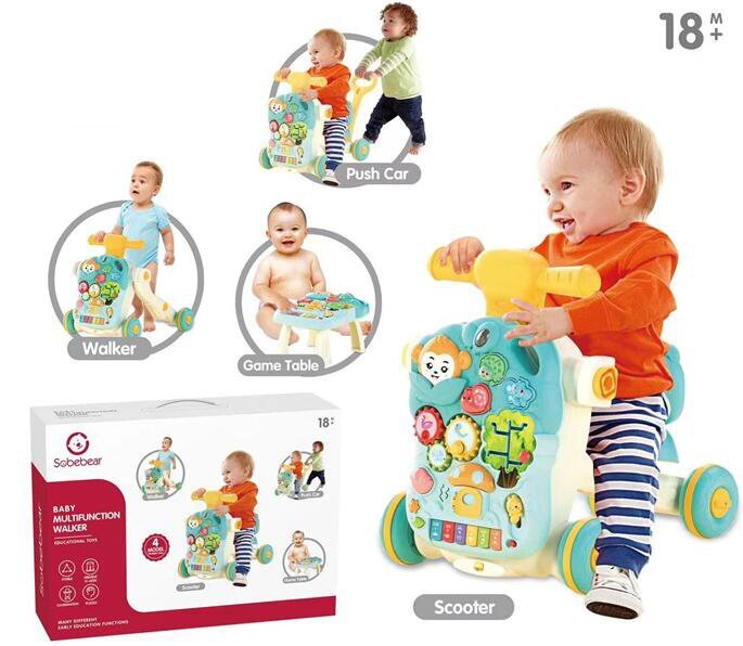 MalPlay Antepremergator multifunctional 4 in 1 Premergator Masuta de activitati si Trotineta cu pian si sunete vesele Blue Monkey