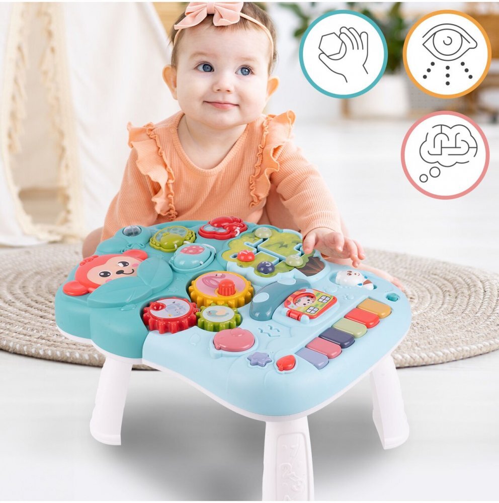 MalPlay Antepremergator multifunctional 4 in 1 Premergator Masuta de activitati si Trotineta cu pian si sunete vesele Blue Monkey