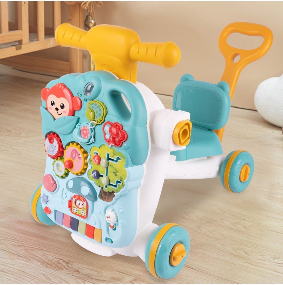 MalPlay Antepremergator multifunctional 4 in 1 Premergator Masuta de activitati si Trotineta cu pian si sunete vesele Blue Monkey