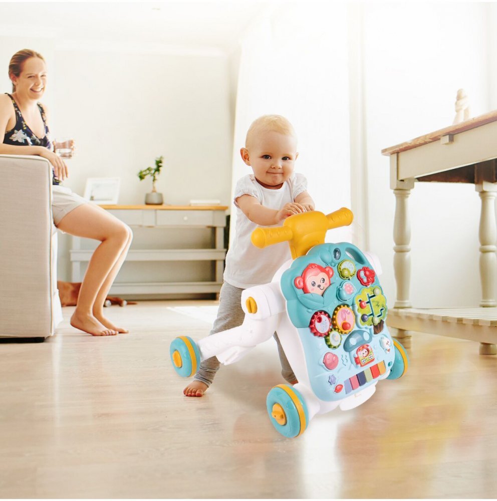 MalPlay Antepremergator multifunctional 4 in 1 Premergator Masuta de activitati si Trotineta cu pian si sunete vesele Blue Monkey