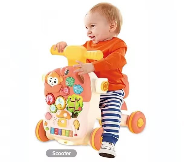 MalPlay Antepremergator multifunctional 4 in 1 Premergator Masuta de activitati si Trotineta cu pian si sunete vesele Red Monkey