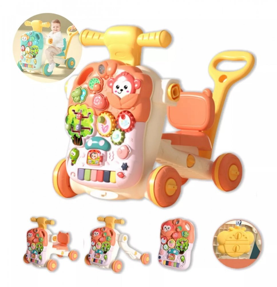 MalPlay Antepremergator multifunctional 4 in 1 Premergator Masuta de activitati si Trotineta cu pian si sunete vesele Red Monkey