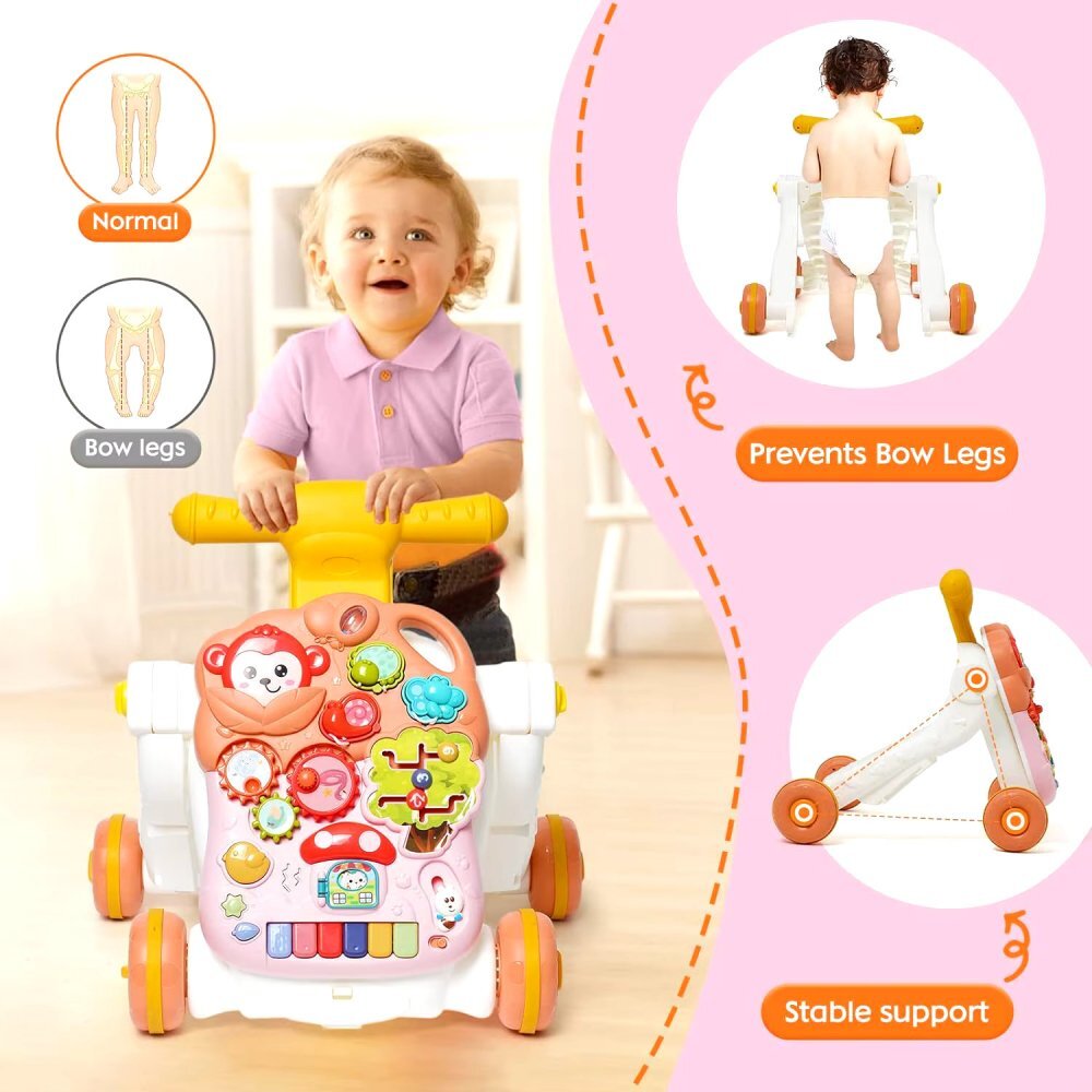 MalPlay Antepremergator multifunctional 4 in 1 Premergator Masuta de activitati si Trotineta cu pian si sunete vesele Red Monkey