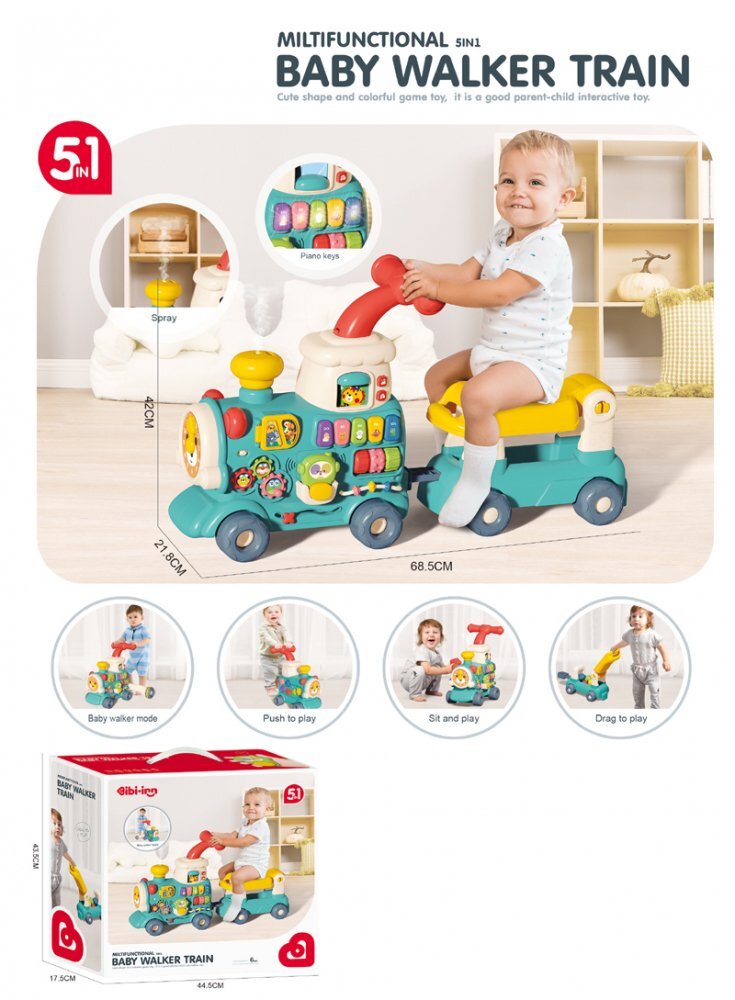 MalPlay Antepremergator multifunctional 5 in 1 pentru copii Choo-Choo Blue cu vagon-scaunel sortator de forme pian muzical iluminal cu 5 clape colorate dimensiune 69 x 34 x 30 cm