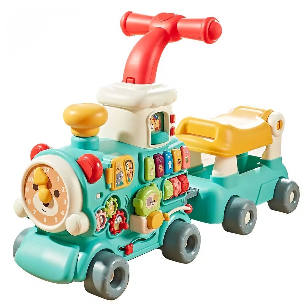 MalPlay Antepremergator multifunctional 5 in 1 pentru copii Choo-Choo Blue cu vagon-scaunel sortator de forme pian muzical iluminal cu 5 clape colorate dimensiune 69 x 34 x 30 cm