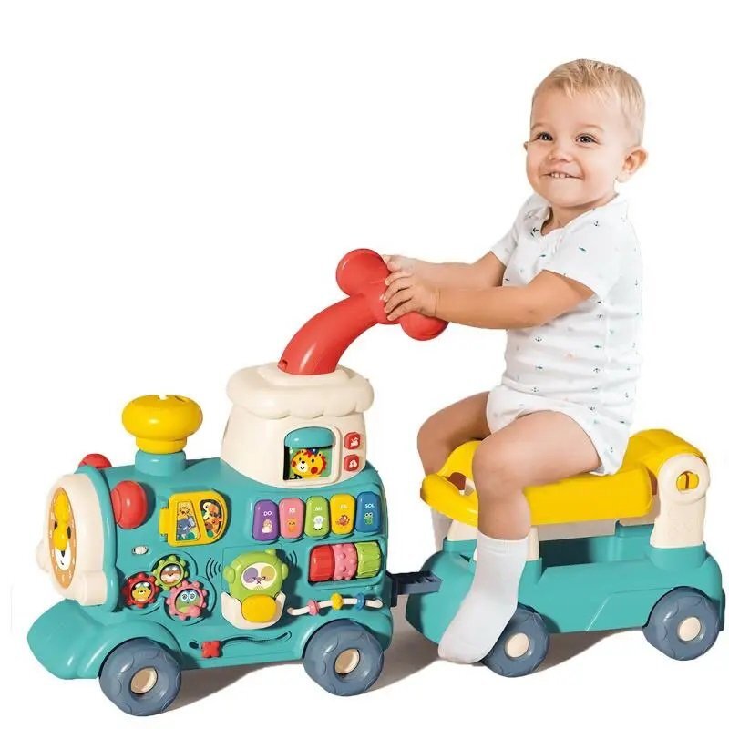 MalPlay Antepremergator multifunctional 5 in 1 pentru copii Choo-Choo Blue cu vagon-scaunel sortator de forme pian muzical iluminal cu 5 clape colorate dimensiune 69 x 34 x 30 cm